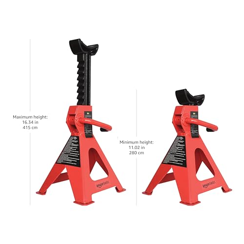 Amazon Basics Steel Jack Auto Stands, 3 Ton (2.7 metric Ton) Capacity, Easy to Use, Adjustable Height, 6,000 lb, 1 Pair, Black and Red