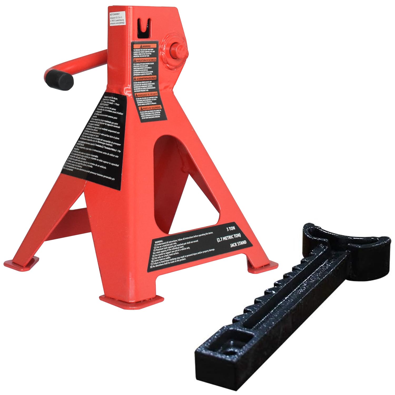 Amazon Basics Steel Jack Auto Stands, 3 Ton (2.7 metric Ton) Capacity, Easy to Use, Adjustable Height, 6,000 lb, 1 Pair, Black and Red