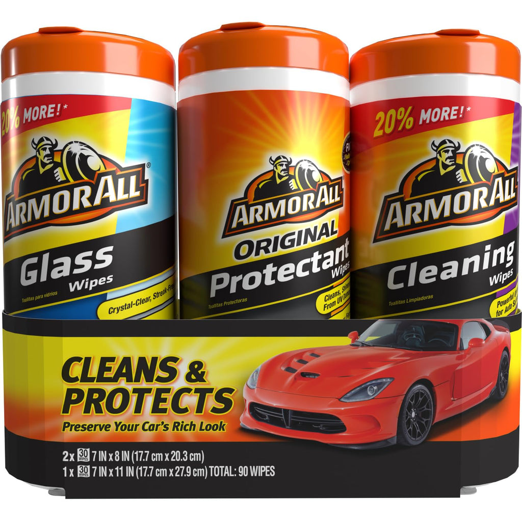 Car Wipes Multi-Pack by Armor All, Cleans Vehicle Interior and Exterior, Includes Armor All Protectant Wipes, Glass Wipes, and Cleaning Wipes, 3-Pack, 30 Car Wipes Each