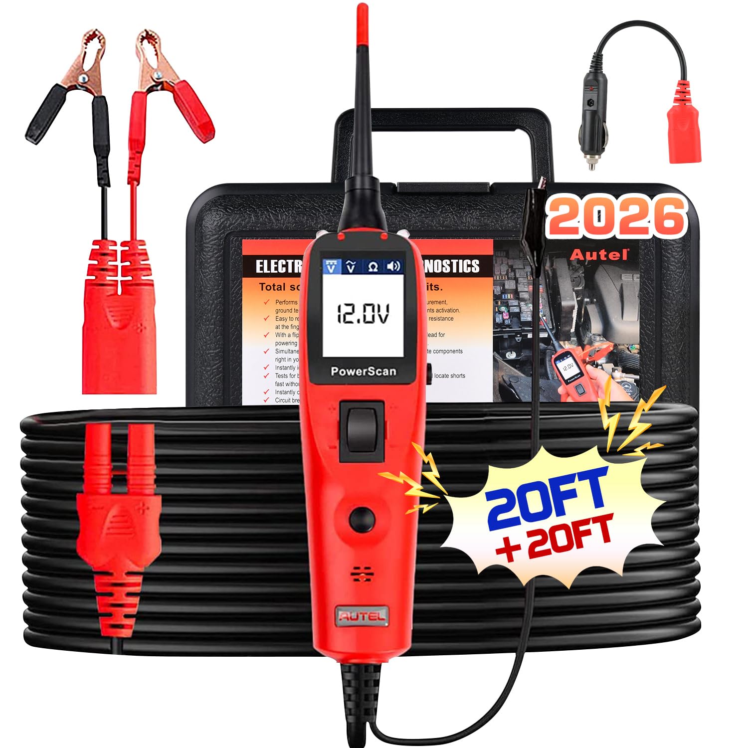 Autel PowerScan Automotive Circuit Tester, Power Circuit Probe Tool, 12-24V Electrical Short Open Breaker Circuit Finder, AC/DC Current Resistance, Duty Cycle, & 20FT Extension Cord, for 99% Cars