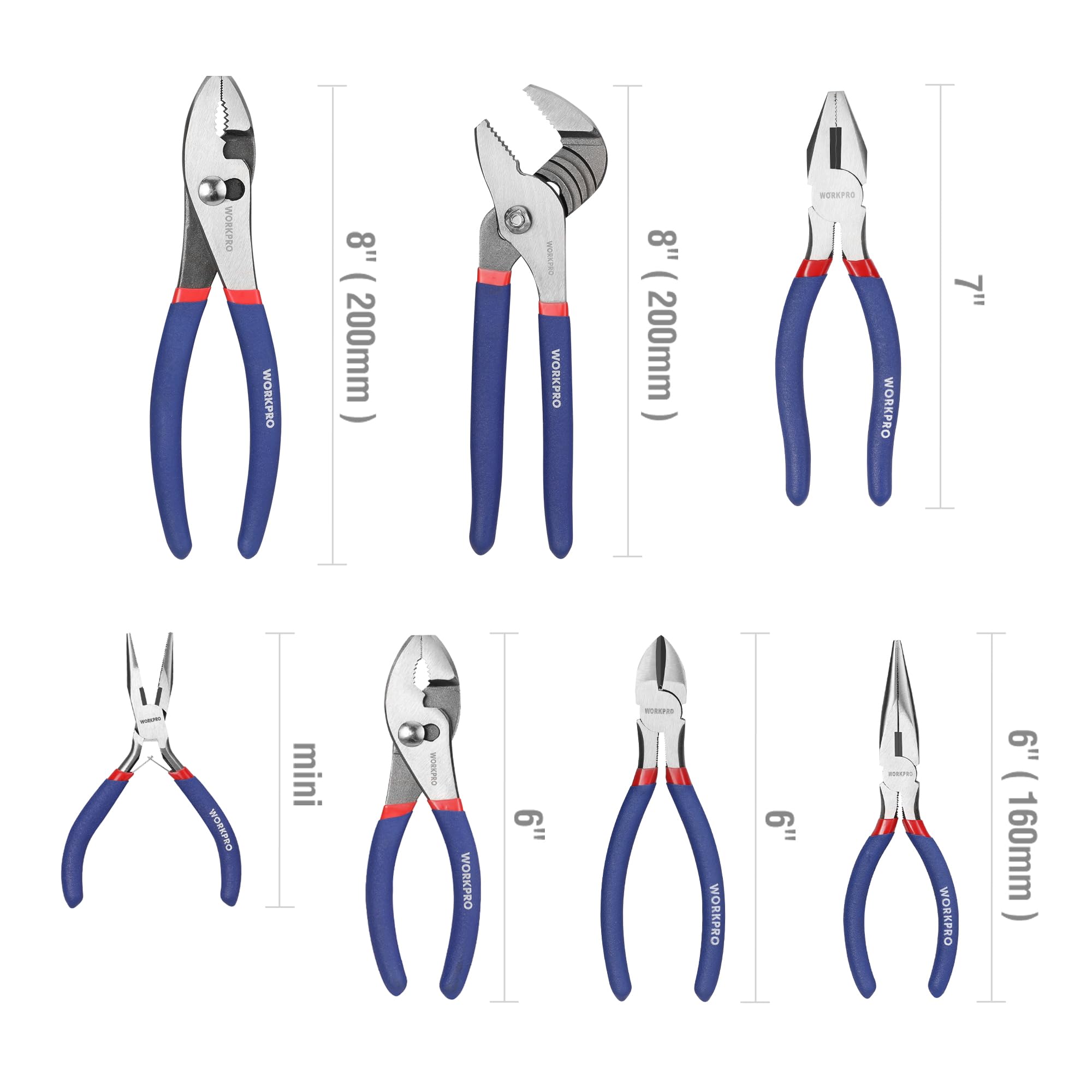 7-piece WORKPRO Pliers Set with Groove Joint, Long Nose, Slip Joint, Linesman, and Diagonal Pliers for DIY & Home Use