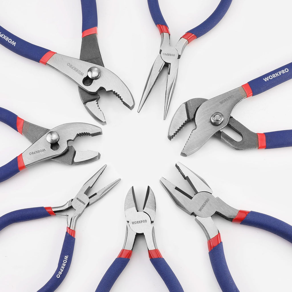 7-piece WORKPRO Pliers Set with Groove Joint, Long Nose, Slip Joint, Linesman, and Diagonal Pliers for DIY & Home Use