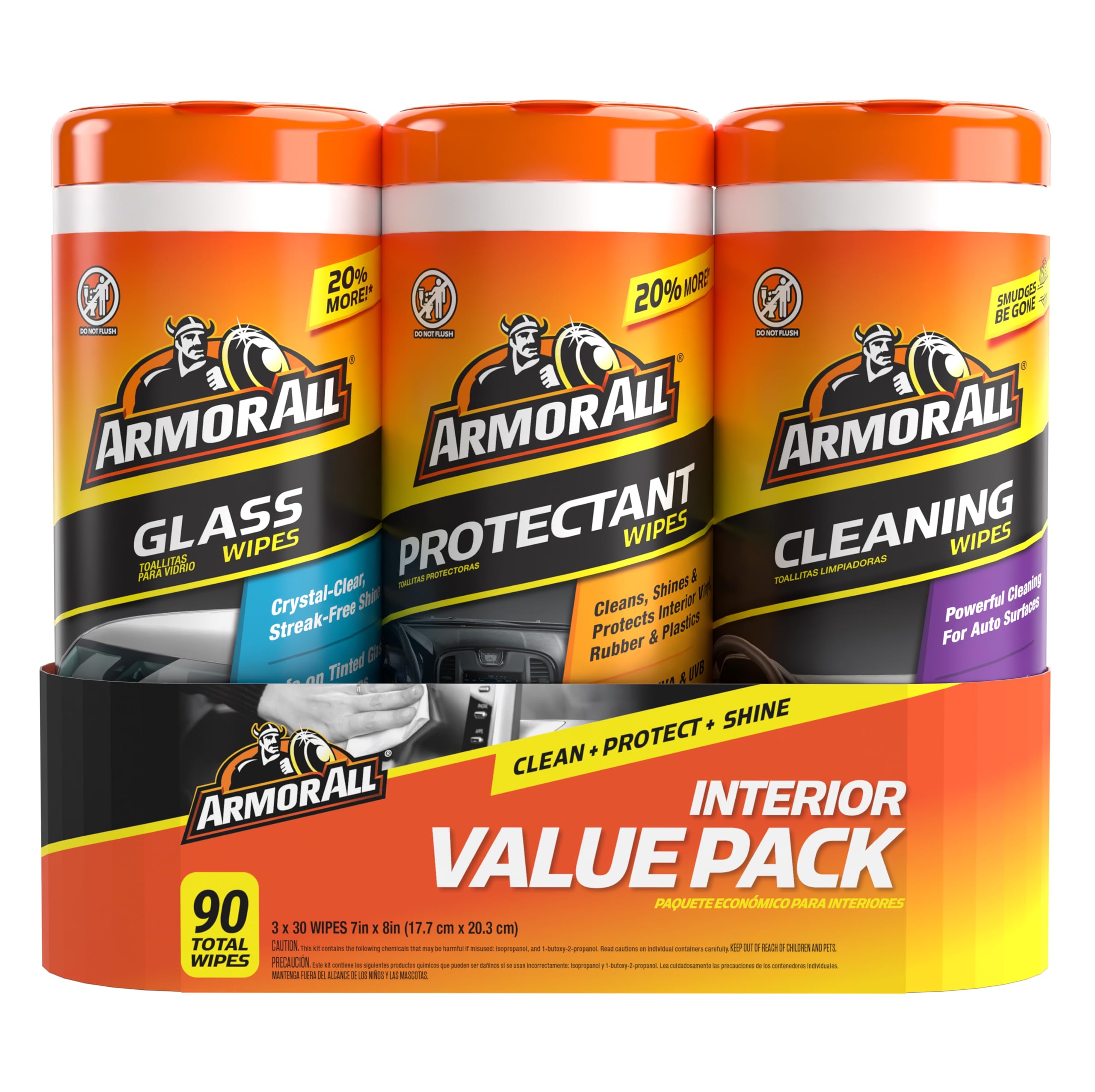 Car Wipes Multi-Pack by Armor All, Cleans Vehicle Interior and Exterior, Includes Armor All Protectant Wipes, Glass Wipes, and Cleaning Wipes, 3-Pack, 30 Car Wipes Each
