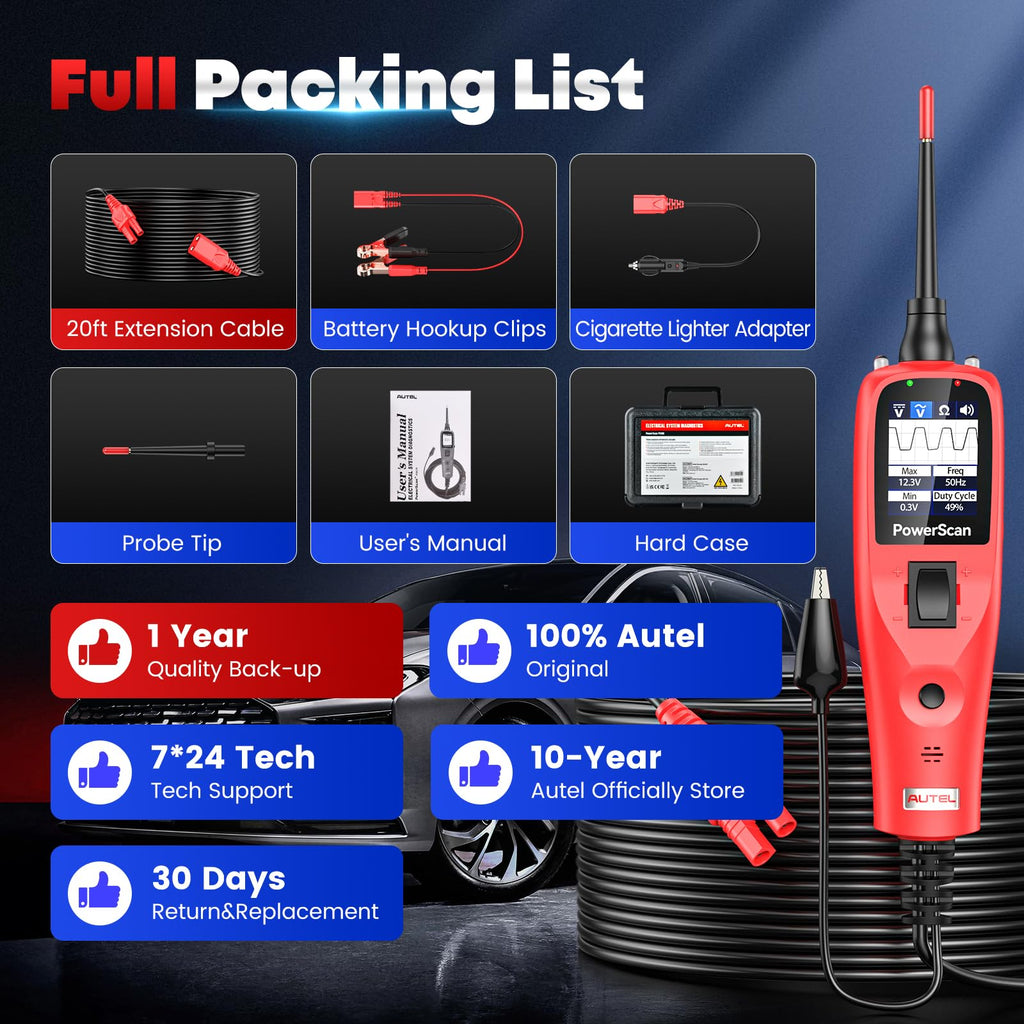 Autel PowerScan Automotive Circuit Tester, Power Circuit Probe Tool, 12-24V Electrical Short Open Breaker Circuit Finder, AC/DC Current Resistance, Duty Cycle, & 20FT Extension Cord, for 99% Cars
