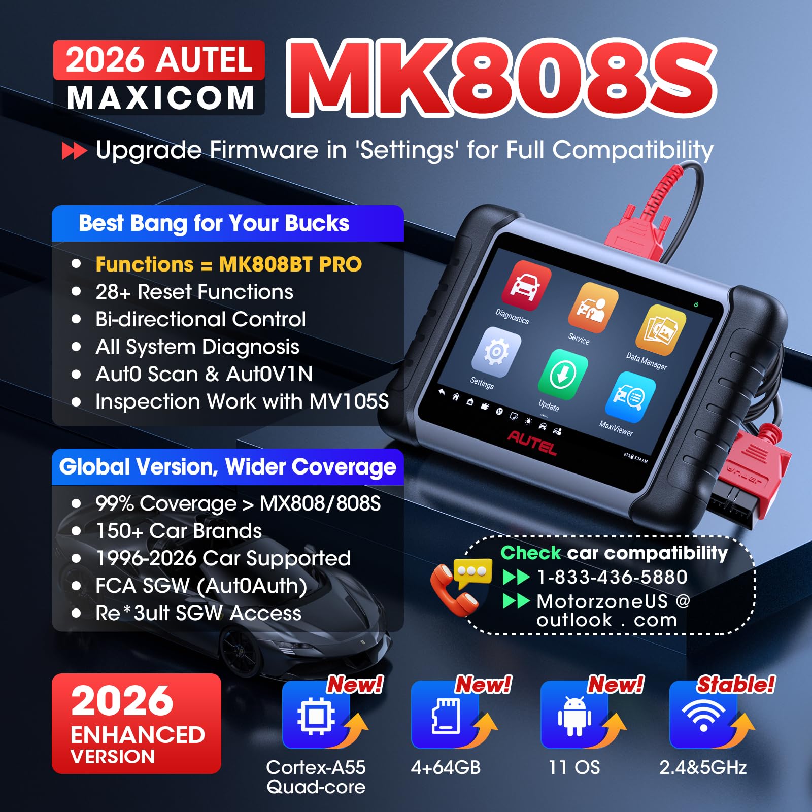 Autel Scanner MaxiCOM MK808S: 2026 Bidirectional Tool as MX808S MK808BT Pro M808Z, Work as MaxiCheck MX900 MK900BT, 28+ Service, 3000+ Active Tests, All System OBD2 Diagnostics, OS 11, 10X Faster